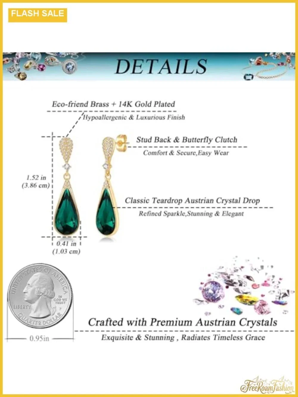 Austrian Crystal Teardrop Dangle Drop Earrings 14K Gold Plated